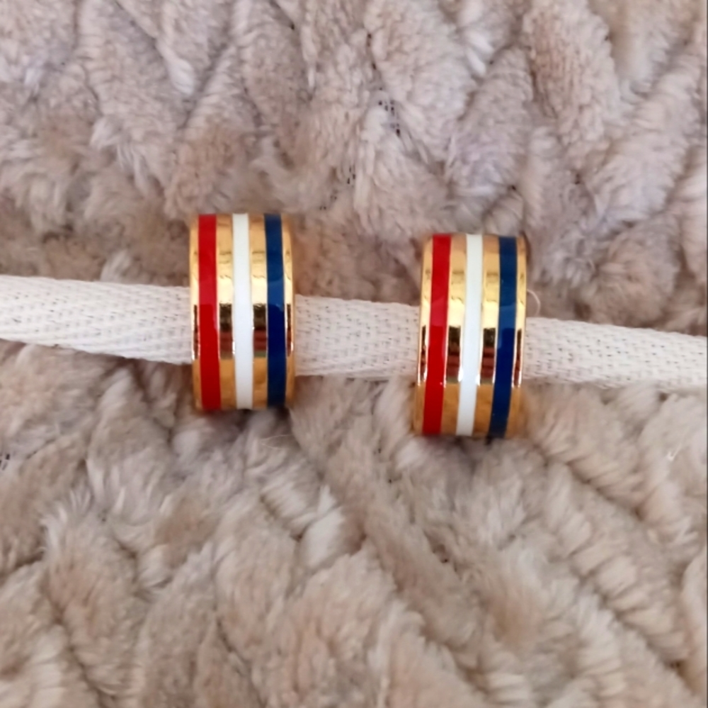 Vintage Red White and Blue Striped Gold Toned Metal Small Hoop Earrings.